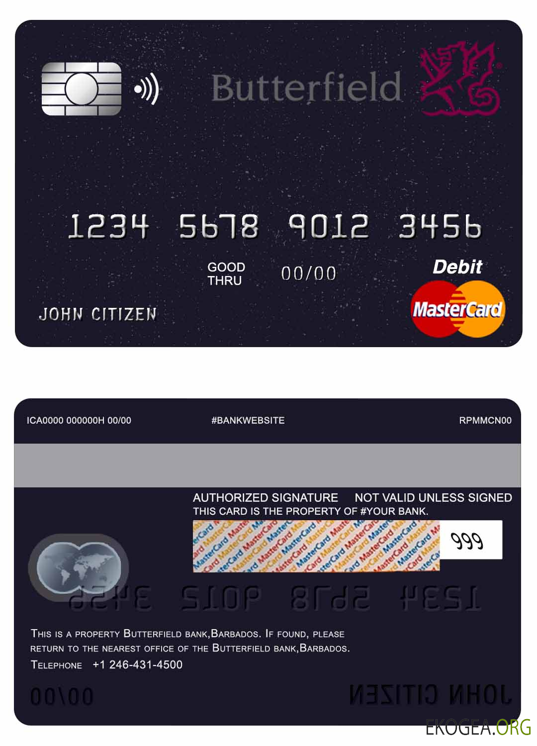 Carte de débit mastercard de la banque Butterfield de la Barbade